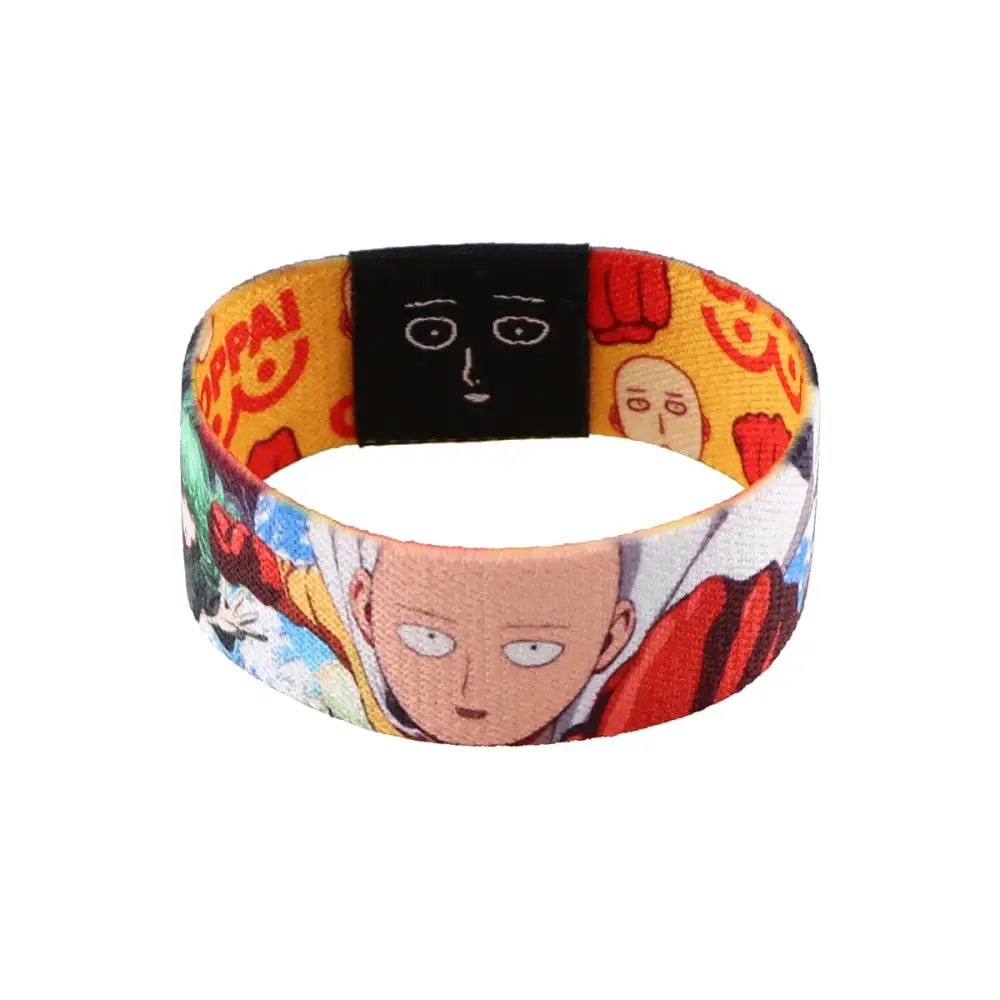 A vibrant yellow anime stretch wide band armband with a cartoon design and black patch for daily wear