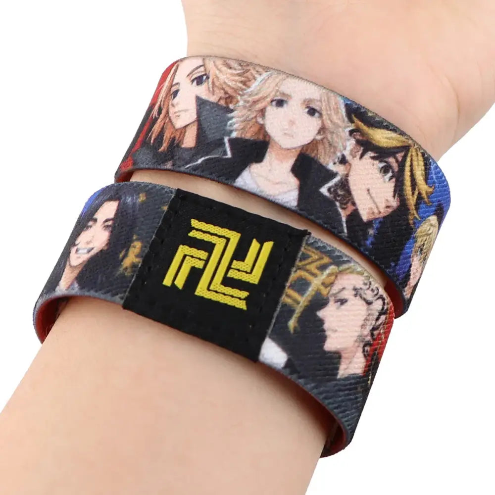 Black elastic wide band anime stretch wristband bracelet with yellow dragon emblem for daily wear wide band armband