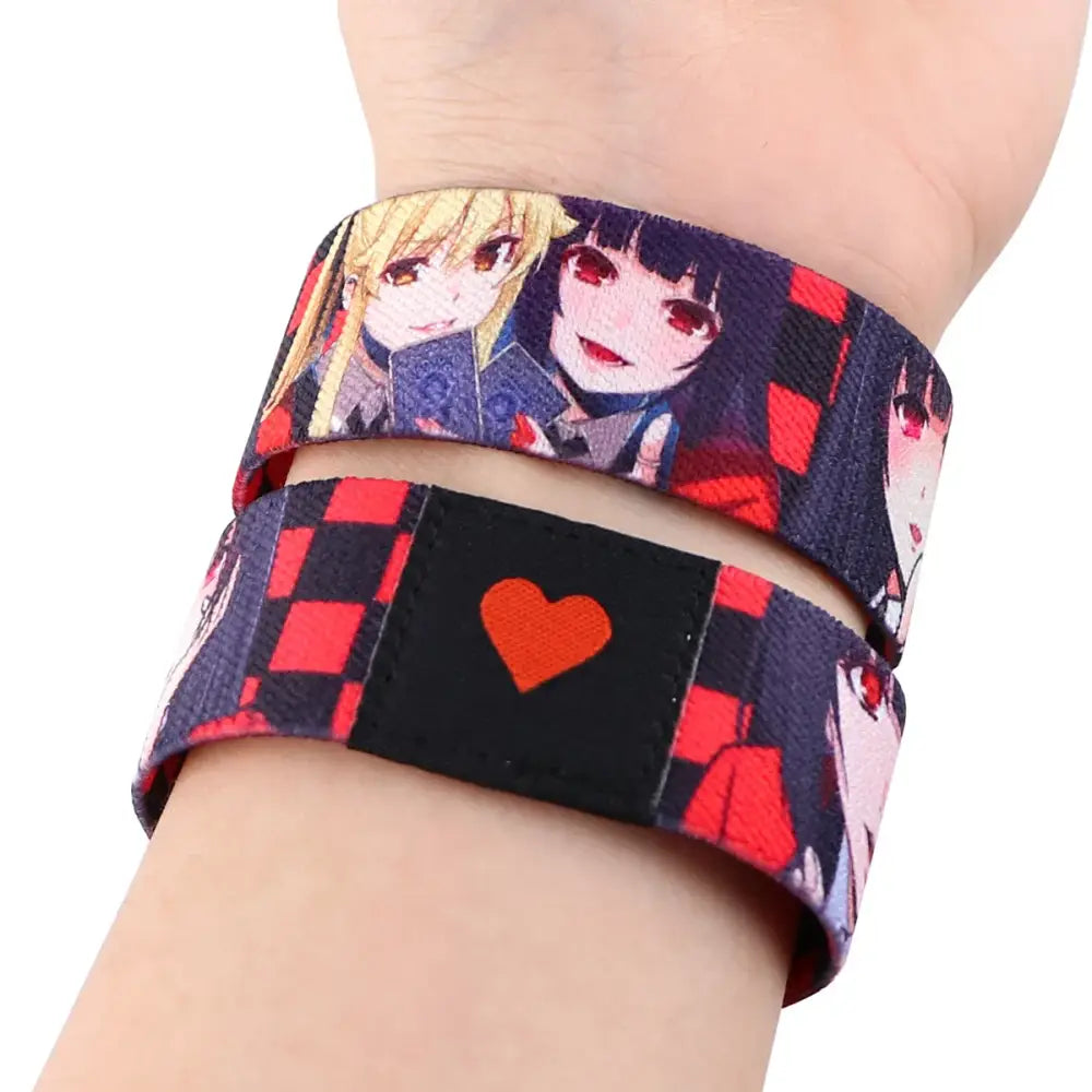 Anime stretch wristband bracelet wide band elastic black and red checkered with anime characters and heart patch