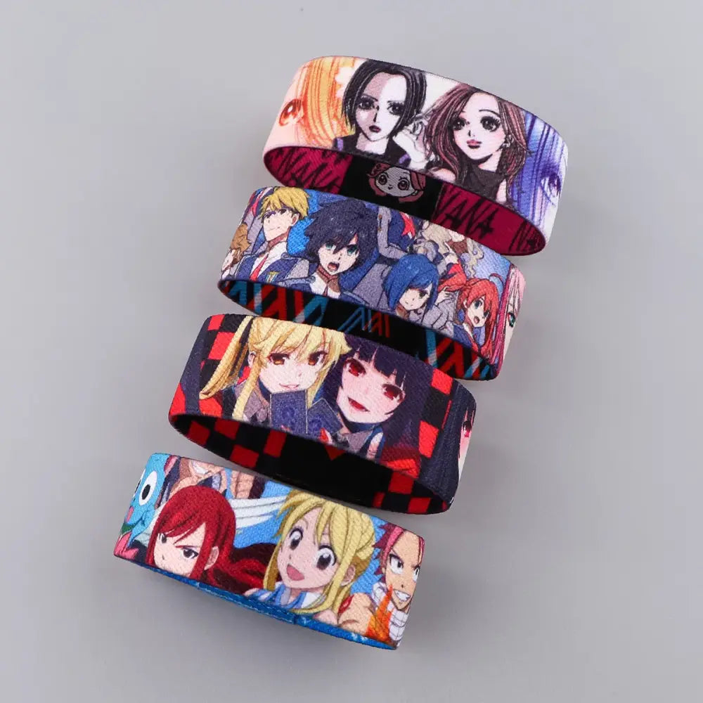 Four colorful anime stretch wristbands with wide band armband design on stretchy fabric for daily wear use