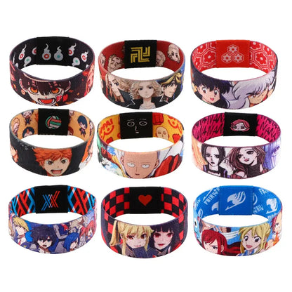 Nine colorful anime-themed wide band armband wristbands made of flexible fabric for daily wear