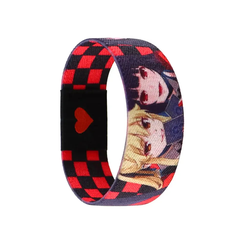 Red and black checkered wide band elastic wristband featuring anime character illustrations and heart emblem clasp