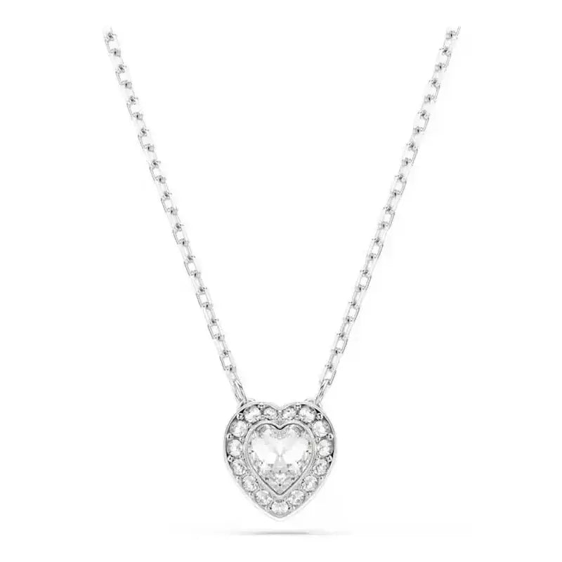 Silver heart-shaped sterling silver tennis necklace with clear central crystal and smaller surrounding stones