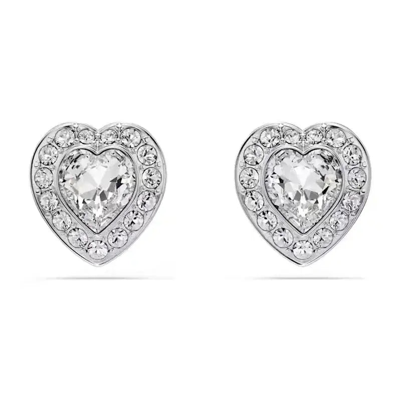 Heart-shaped sterling silver stud earrings with clear crystals complementing the anime tennis necklace design