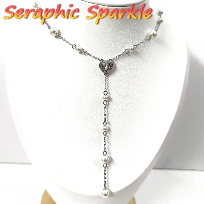 Silver heart-shaped anime tennis necklace with clear gemstone and pearls crafted in 925 sterling silver
