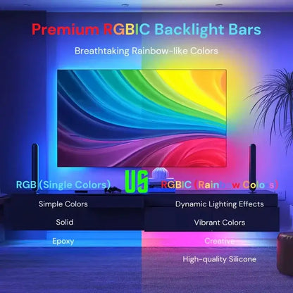 The anime tv backlight led strip displays a vibrant rainbow color gradient with smooth flowing waves synced to music