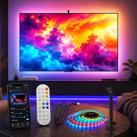Anime tv sync led backlight strip with flexible rgbic led lights in rainbow hues enhancing viewing experience