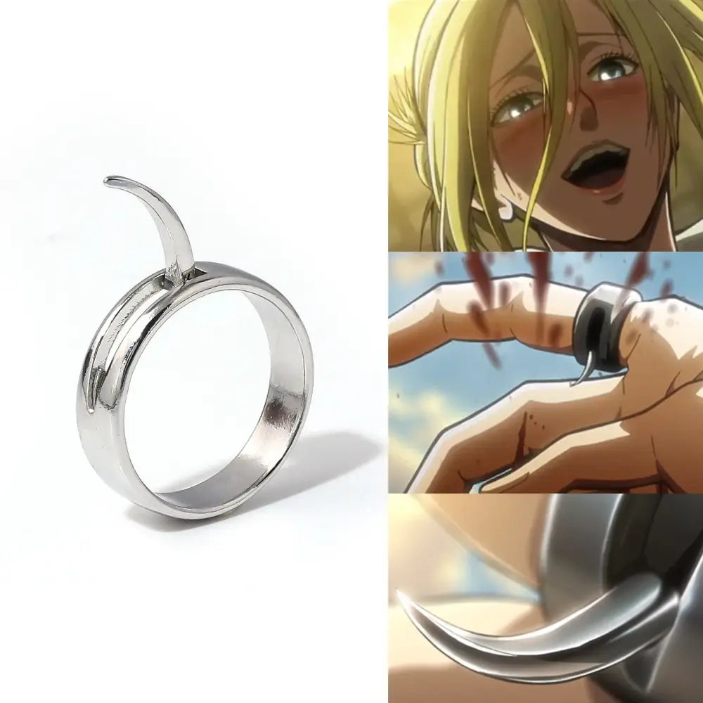 Silver-toned metal annie leonhart ring with curved claw-like protrusion in transformation style design