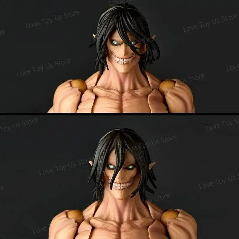 Attack on titan eren jaeger action figure pvc with black hair muscular titan glowing green eyes sharp teeth