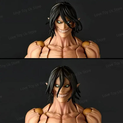 Attack on titan eren jaeger action figure pvc with black hair muscular titan glowing green eyes sharp teeth