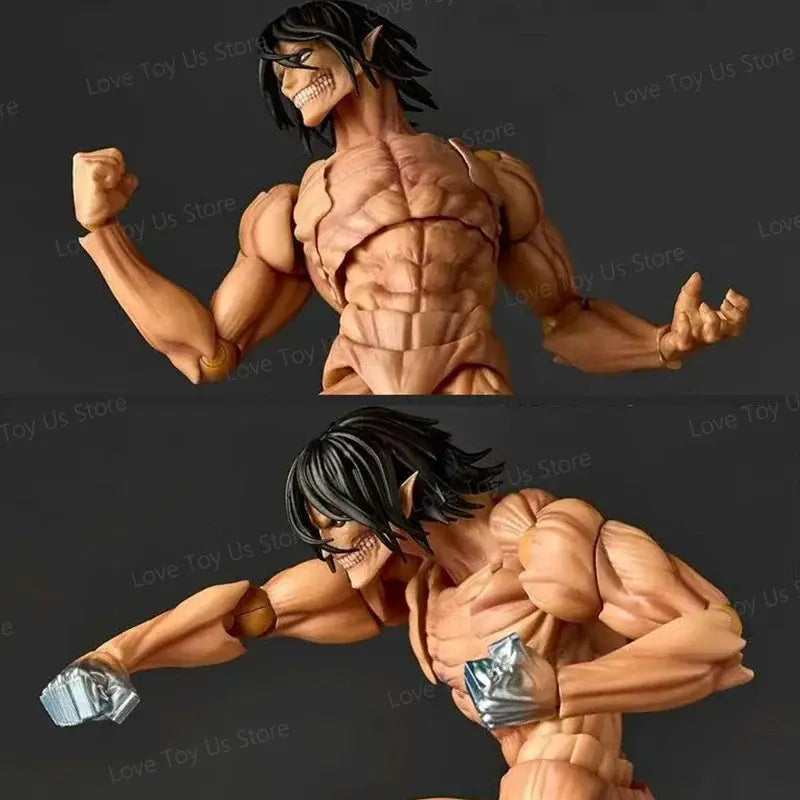 Muscular tan eren jaeger action figure with black hair and silver metallic gloves from attack on titan pvc revoltech