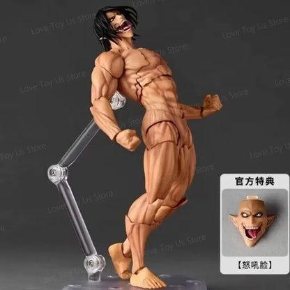 Muscular tan-colored pvc eren jaeger action figure with black hair posed dynamically on clear stand from attack on titan