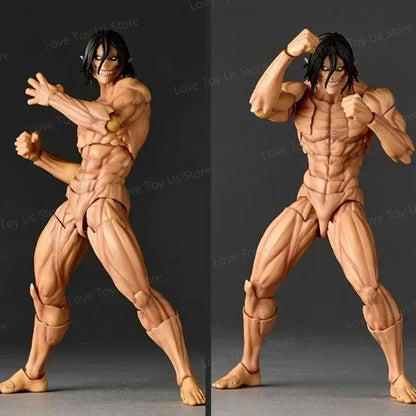 Tan-colored revoltech pvc eren jaeger action figure with black hair and pointed ears from attack on titan series