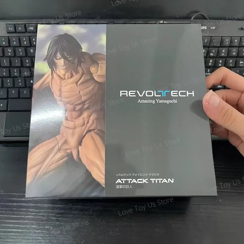 Attack on titan eren jaeger action figure by revoltech pvc in sleek black and gray box with detailed muscular sculpting