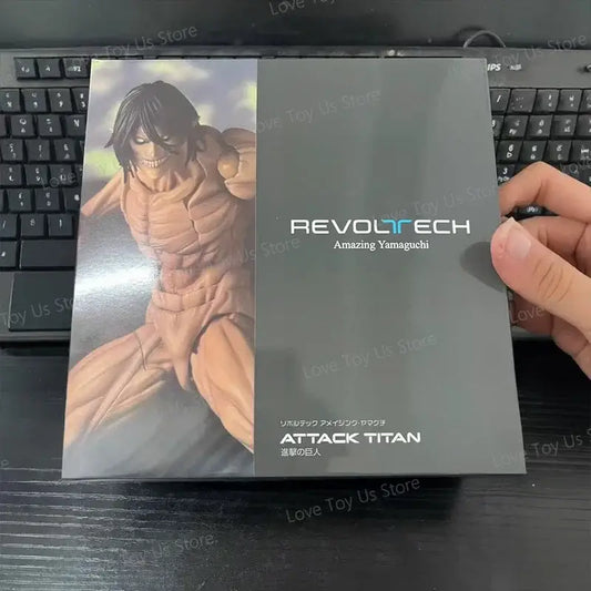 Attack on titan eren jaeger action figure by revoltech pvc in sleek black and gray box with detailed muscular sculpting