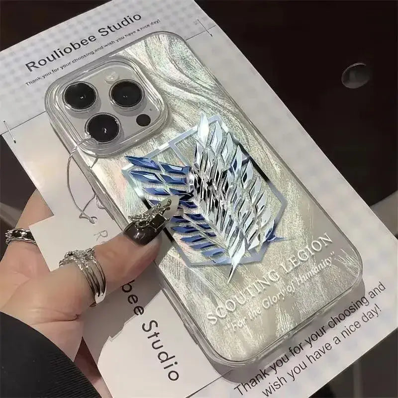 Clear pro max phone case with silver and blue metallic scouting legion emblem and marbled texture on back side