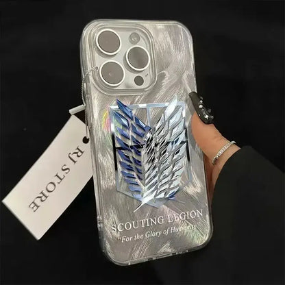 Transparent pro max phone case with 3d metallic blue silver scouting legion emblem on the back for attack on titan fans