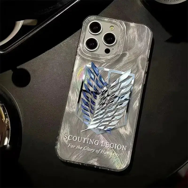 Back of clear pro max phone case with 3d metallic blue and silver attack on titan scout regiment emblem and text