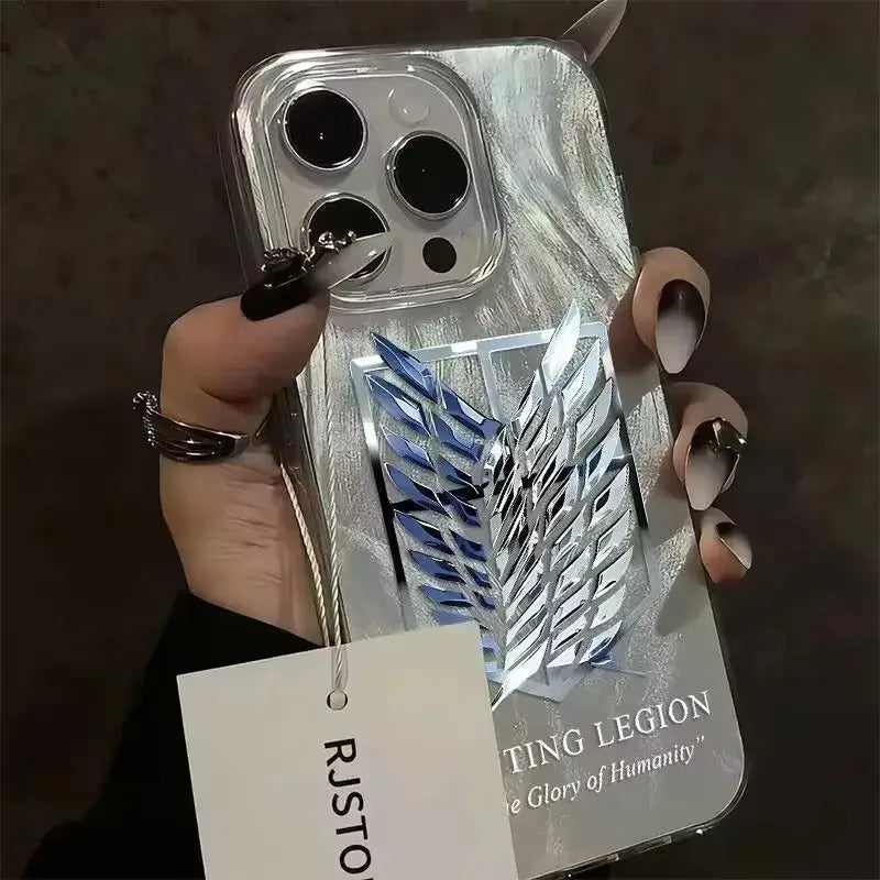 Back side of attack on titan eren yeager pro max phone case with silver and blue metallic wing design and glossy finish