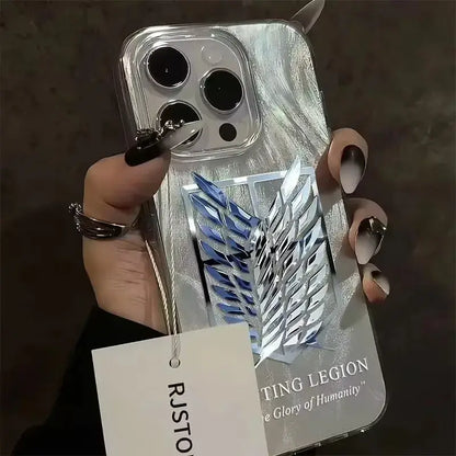Back side of attack on titan eren yeager pro max phone case with silver and blue metallic wing design and glossy finish