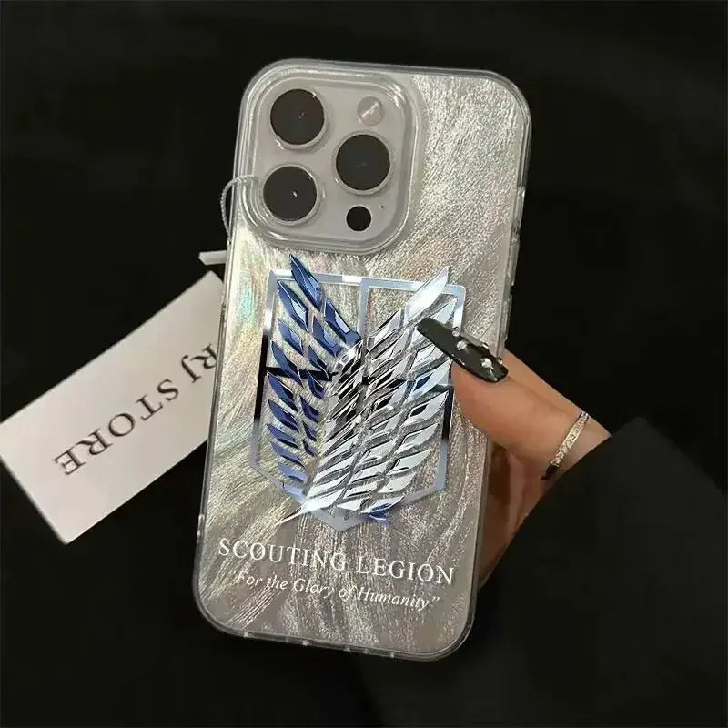 Silver metallic pro max phone case with 3d scouting legion emblem and blue silver wings on the back