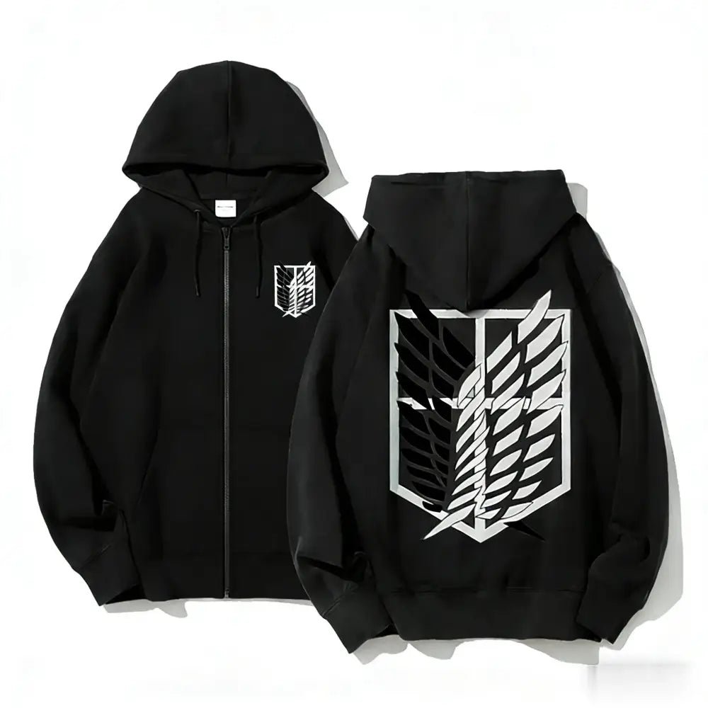 Black attack on titan eren yeager zip up hoodie with white survey corps emblem on back and chest loose fit