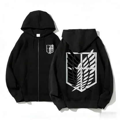 Black attack on titan eren yeager zip up hoodie with white survey corps emblem on back and chest loose fit