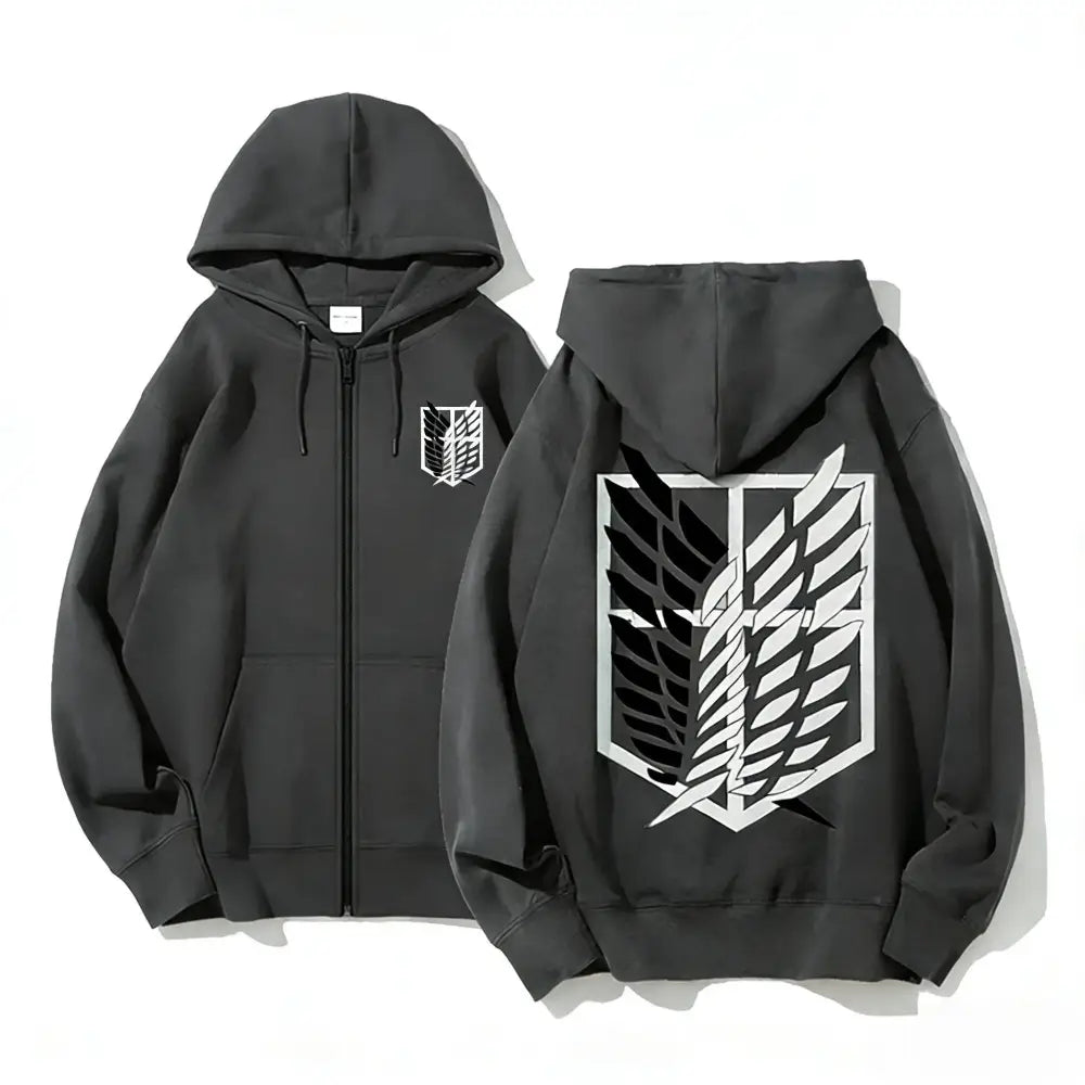 Black attack on titan eren yeager zip up hoodie with white emblem printed on front and back loose fit design