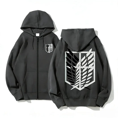 Black attack on titan eren yeager zip up hoodie with white emblem printed on front and back loose fit design