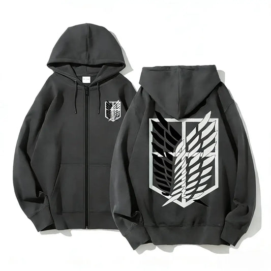 Black attack on titan eren yeager zip up hoodie with white emblem printed on front and back loose fit design