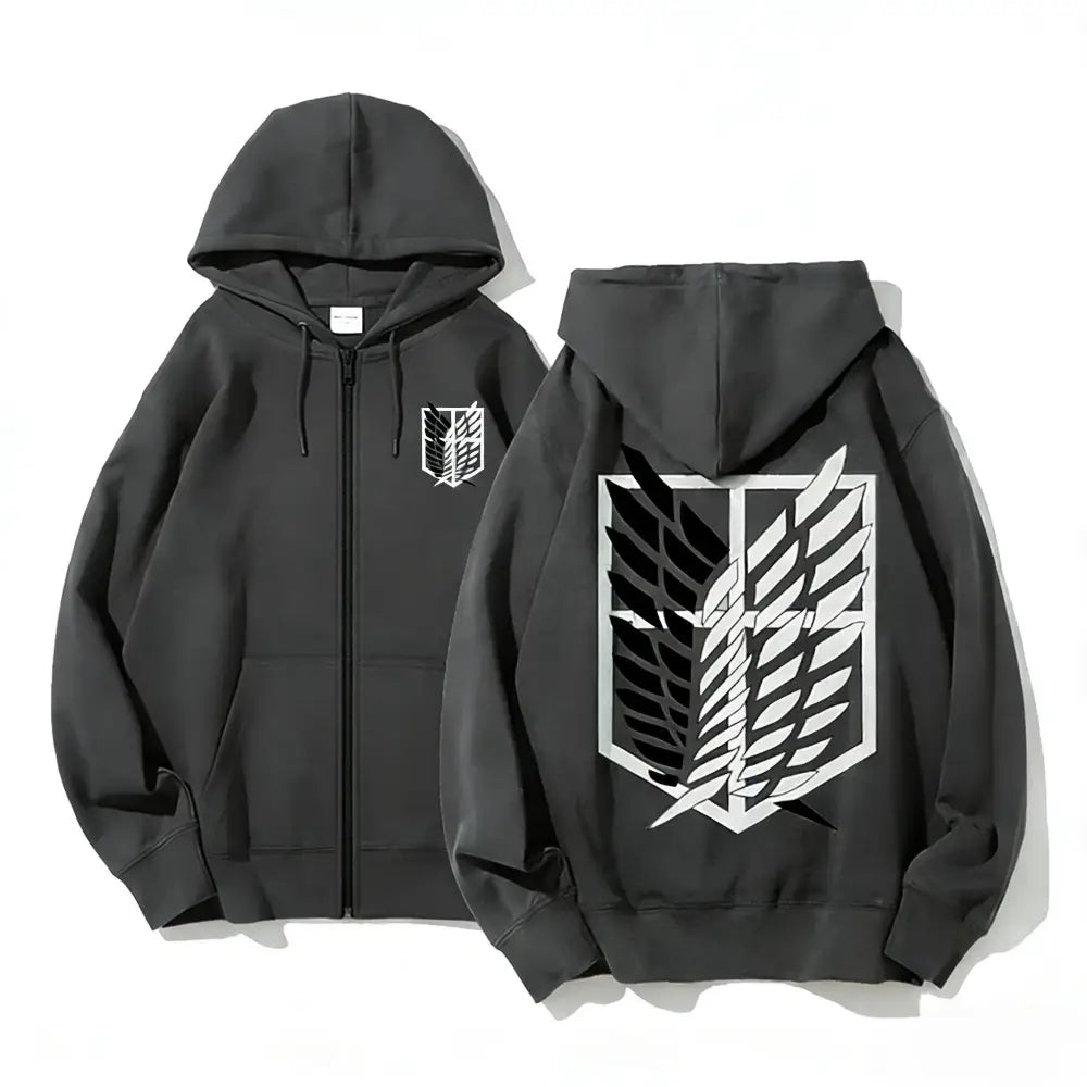 Black zip up hoodie with white attack on titan survey corps emblem printed on front and back loose fit design