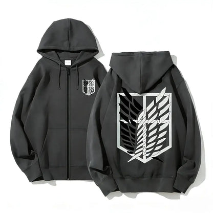 Black zip up hoodie with white attack on titan survey corps emblem printed on front and back loose fit design