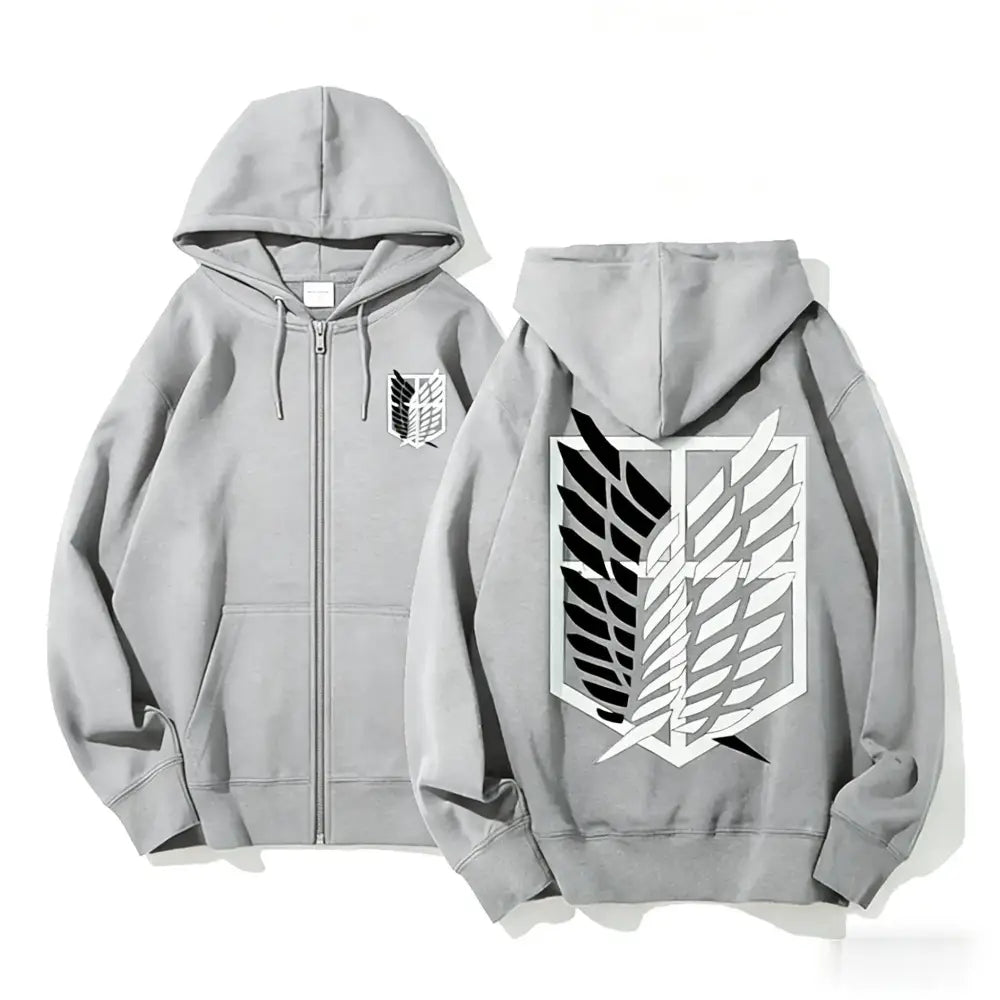 Back of gray attack on titan Eren Yeager zip up hoodie with white and black winged emblem on the back and chest