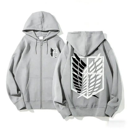 Back of gray attack on titan Eren Yeager zip up hoodie with white and black winged emblem on the back and chest