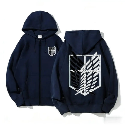 Back of navy blue attack on titan Eren Yeager zip up hoodie with large white and black winged emblem and small chest logo