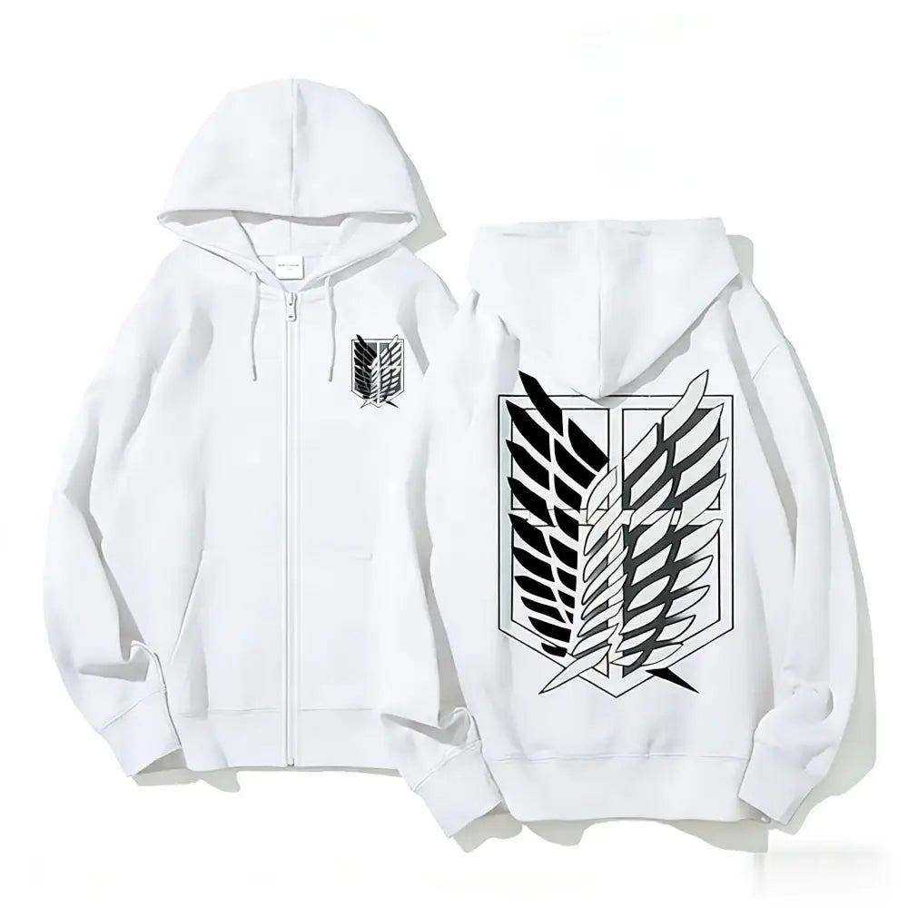 White zip up hoodie with black and white survey corps emblem from attack on titan featuring loose fit design