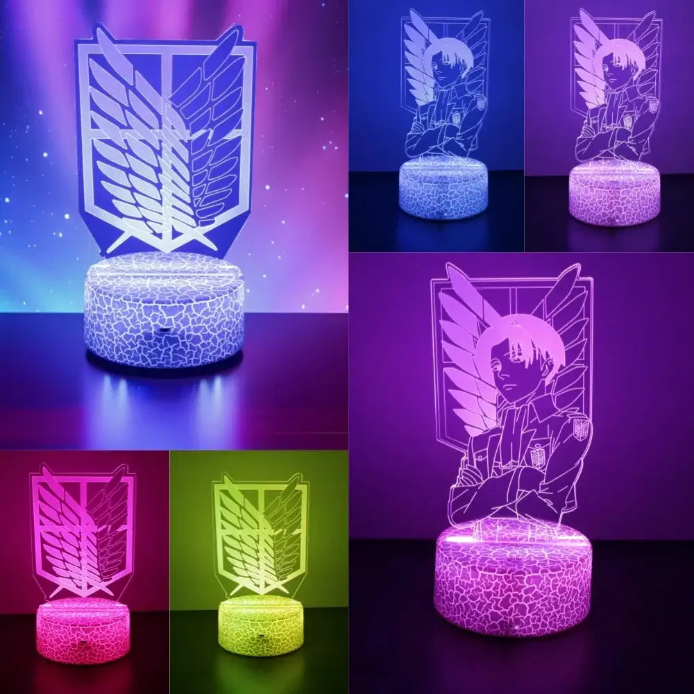 Attack on titan levi 3d led lamp with rgb remote control features an optical acrylic panel and translucent crackle base