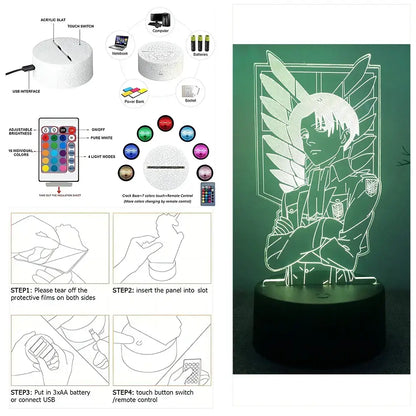 Attack on titan levi 3d led night light with black acrylic base and rgb illuminated anime character wings design
