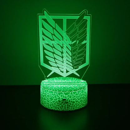 Green illuminated 3d led night light featuring the attack on titan scout regiment emblem for night light use