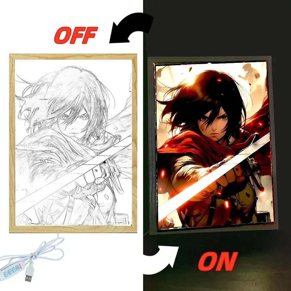 Attack on titan levi and mikasa led photo frame featuring a black hair anime character with red cape and internal led lighting
