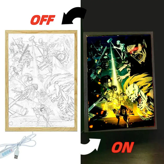 Attack on titan levi and mikasa led photo frame light featuring vibrant glowing colors in a decorative led photo frame