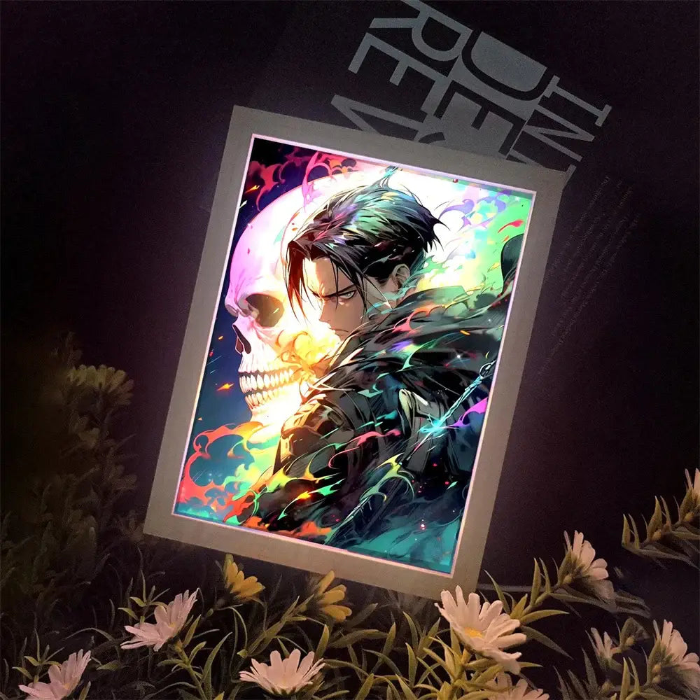 A framed attack on titan levi & mikasa digital art print with dark hair and glowing eyes in a vibrant light painting frame