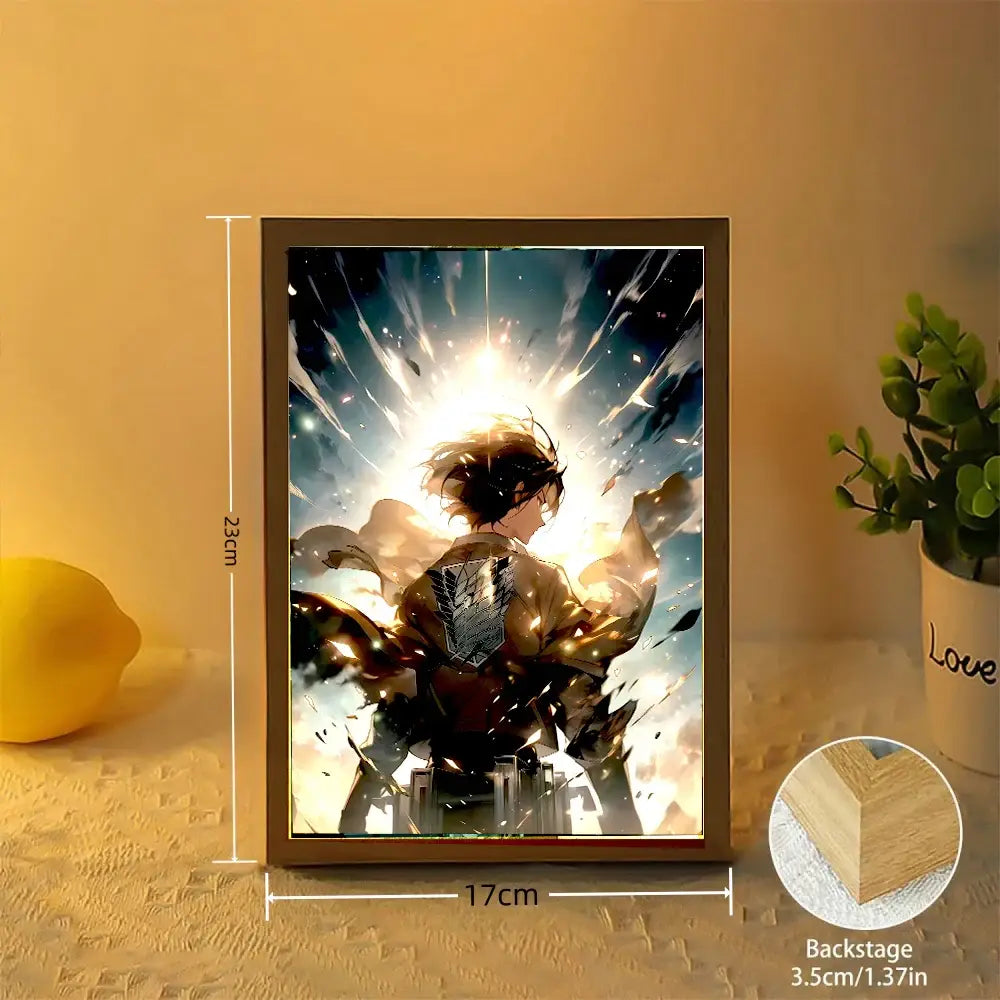 A framed attack on titan levi and mikasa light painting frame with dynamic character art on golden and blue background