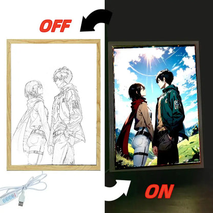 Attack on titan levi and mikasa light painting frame featuring illuminated led anime scene for wall decor