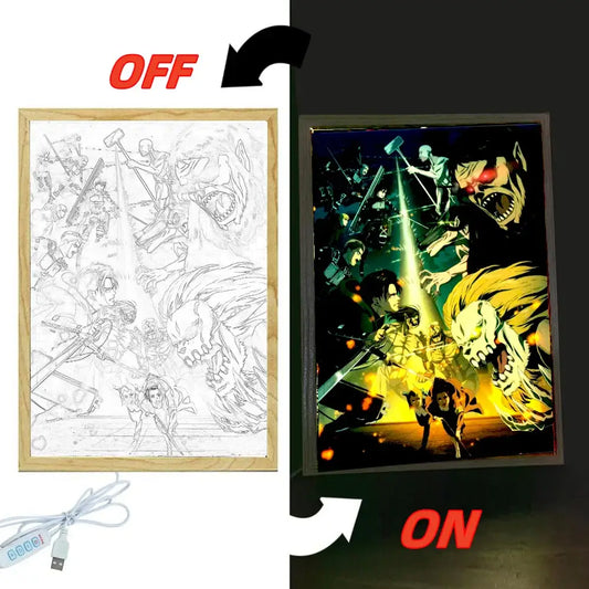 Attack on titan levi and mikasa light painting frame featuring vibrant led wall decor with colorful illuminated artwork