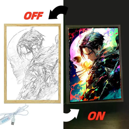 Attack on titan levi and mikasa vibrant colorful skull anime light painting frame glowing led wall decor