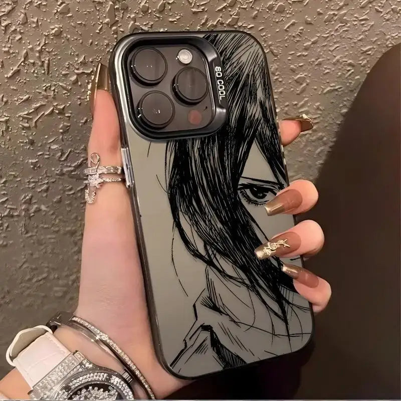 Black and silver matte anti-fall levi phone case with detailed sketch of titan levi face and intense gaze on back side
