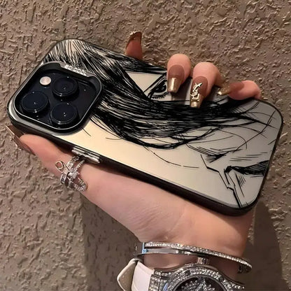 Back of a sleek black and white attack on titan levi phone case with anime hair design and metallic silver camera frame