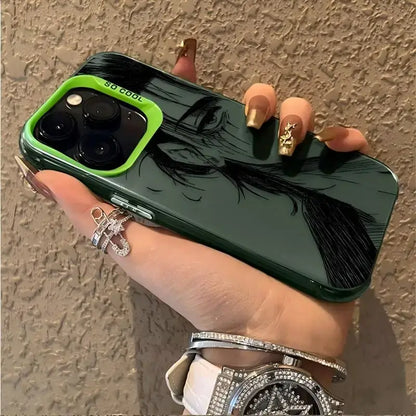 Back side of dark green glossy titan levi phone case with black anime illustration and lime green so cool camera frame