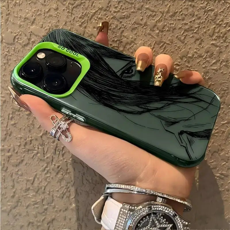 Back of dark green matte attack on titan levi phone case with black line art woman face and bright green camera frame so cool